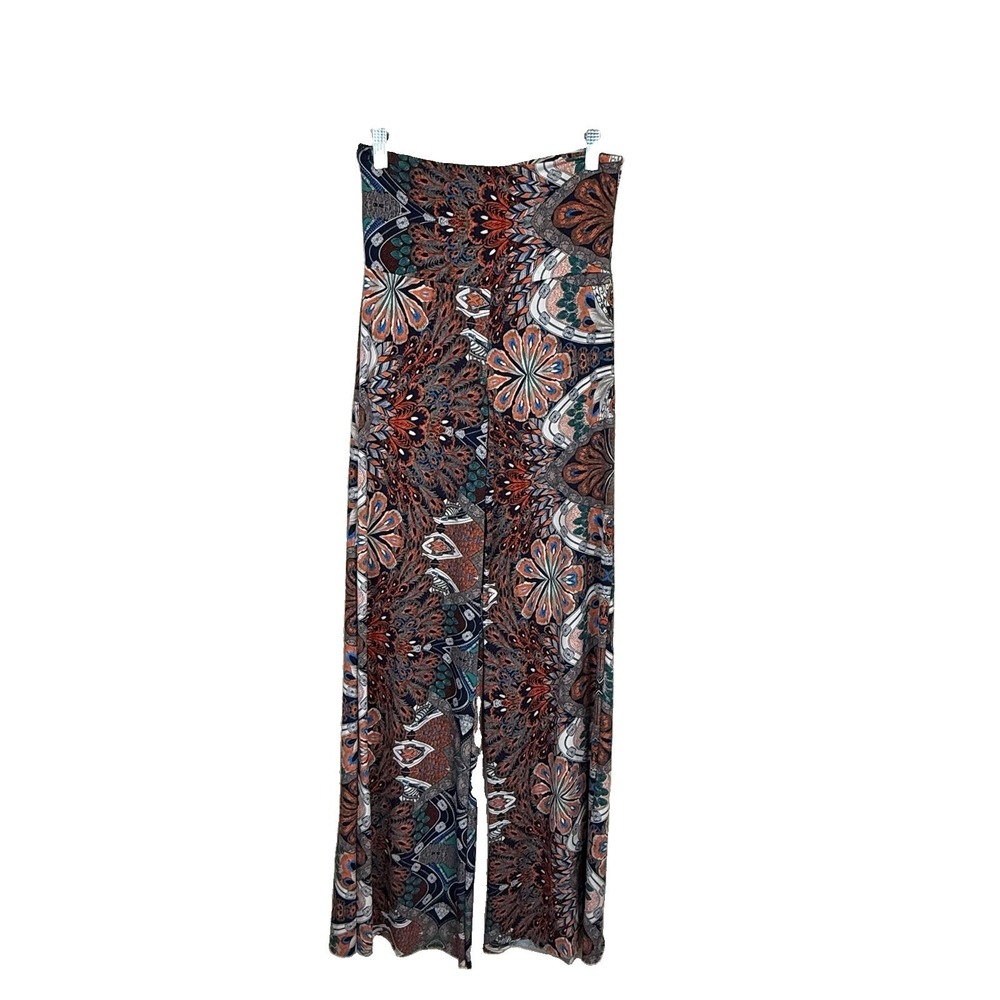 Auditions Flowy Foldover Boho Floral Peacock Print Wide Leg Palazzo Pants‎ S
